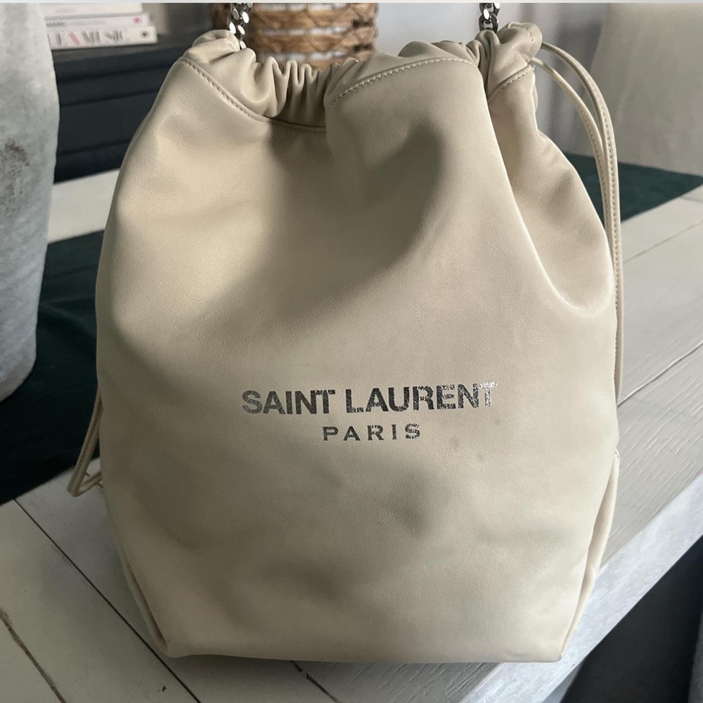 Saint Laurent Beige Drawstring Bag with Silver Logo